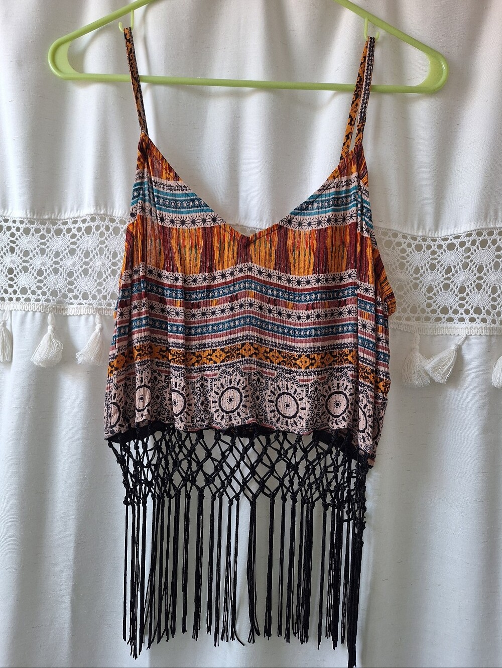 Angie Boho Printed Macrame Fringe Crop Top Cami Sz SMALL